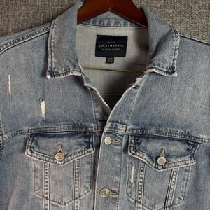 Mens Lucky Brand Denim Jacket Medium Blue Distressed Trucker RN 80318
